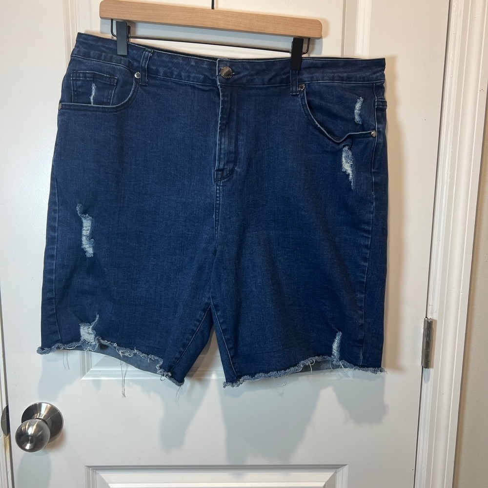 City Chic Womens Denim Shorts Harley High Rise Distressed Dark Wash Size 22
